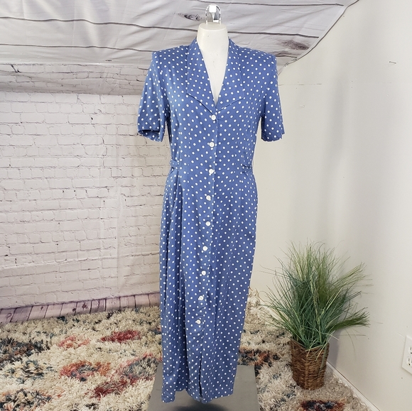 Vintage Dresses & Skirts - Vintage 40s Style Midi Button Up Dress Polka Dot 80s Cottagecore Casual